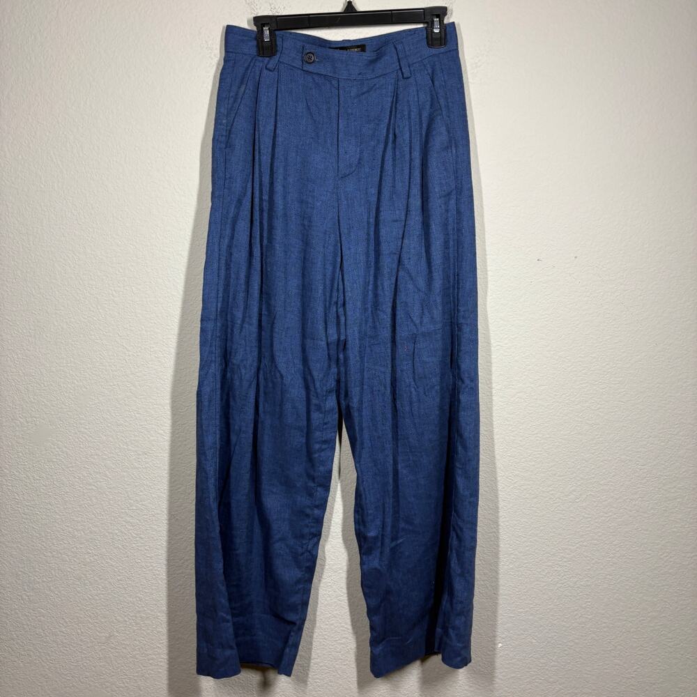 Banana Republic Size 4 Herringbone Pants Linen Blend Cross Blue Pleated Wide Leg